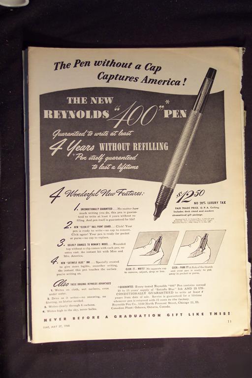1946 vintage ad~ reynolds 400 pen without a cap capture
