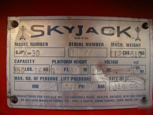 1999 skyjack sjpx-30 30' height platform man lift X30 