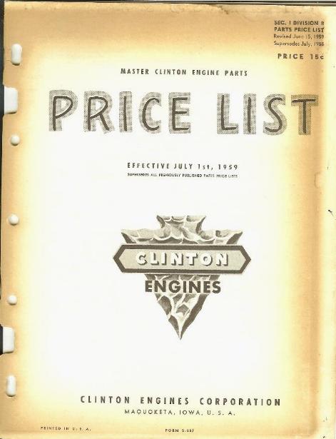 Vintage 1959 master clinton engine parts price catalog
