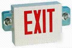 Exit sign / emergency light combo, green letters, white
