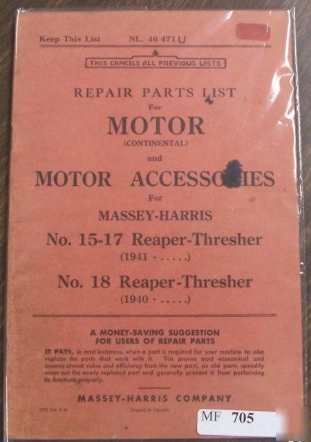 Massey harris 15 17 18 thresher motor parts manual 