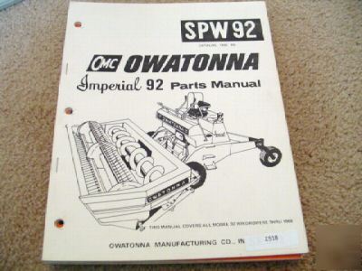 Owatonna imperial 92 windrower parts manual catalog