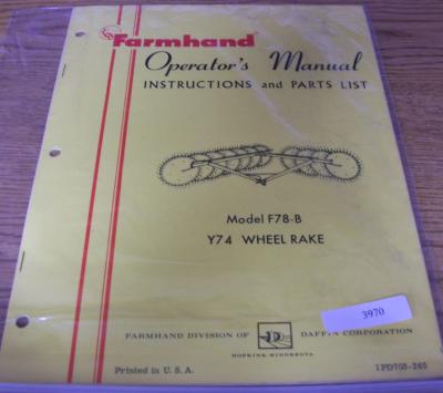 Farmhand F78-b Y74 wheel rake operators parts manual