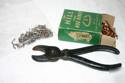 Vintage hog ring pliers, old box of stewart hog rings