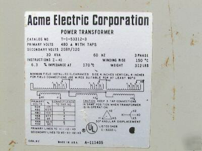 30 kva 3 phase transformer 480 d to 208 y 120 volts dry