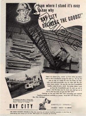 Bay city 20T cranemobile 1946 mag ad, kenwood erection