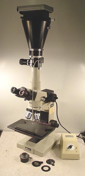 C9647 nikon optiphot microscope, 4 objectives, poloroid