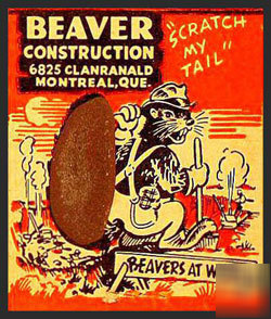 1950S beaver construction spot strike matchcover-quebec