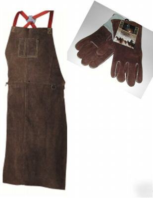 Welding apron leather bib farrier blacksmith & gloves 