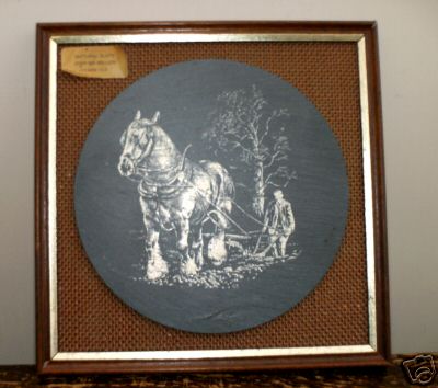 Framed horse-drawn plough picture on slate