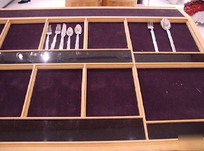 Freestanding wood flatware display rack with storage