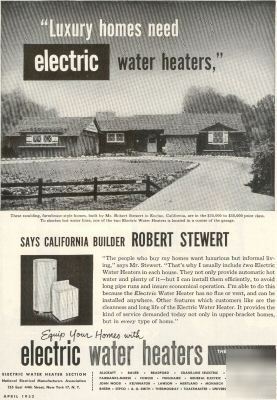 Electric water heaters robert stewert ca builder ad '52