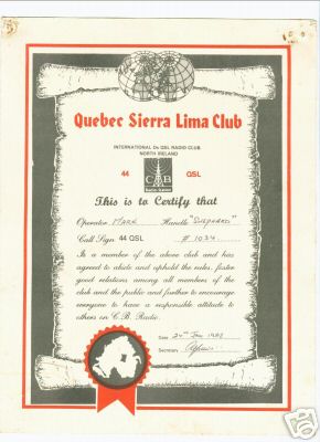 Qsl certificate from quebec sierra lima club n ireland