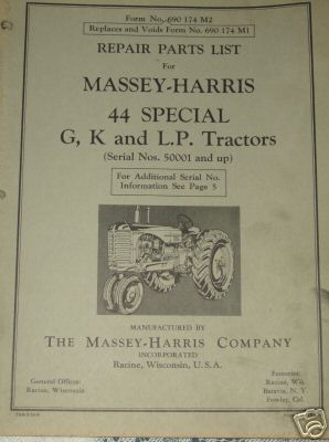 Massey-harris 44 special g,k, & lp tractor manual n/r
