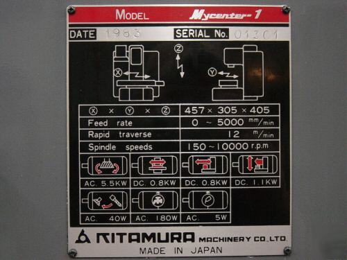 Kitamura mycenter-1 cnc vertical mill-10,000 rpm-no res