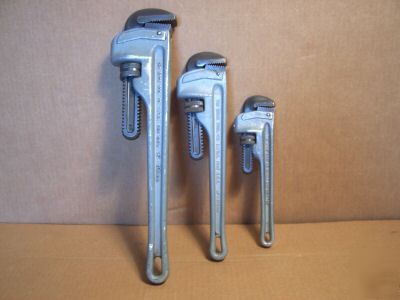 Three ridgid aluminum pipe wrench hand tools wrenches