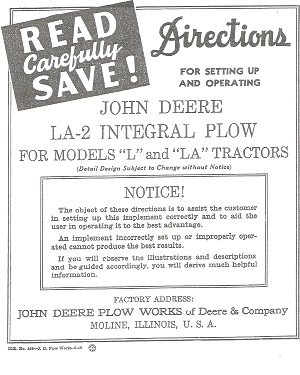 John deere model l - la integral la-2 plow manual