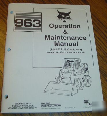 Bobcat 963 skid steer loader operator's owner's manual