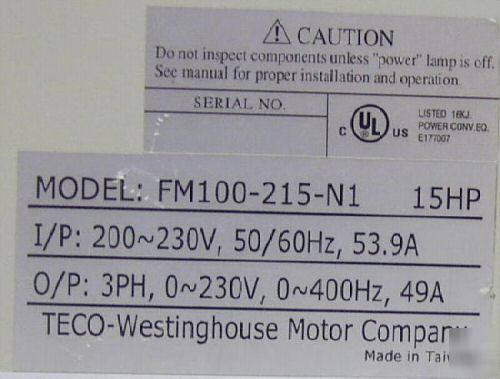 Teco FM100 ac inverter 15 hp 200-230V 3-phase w/manual