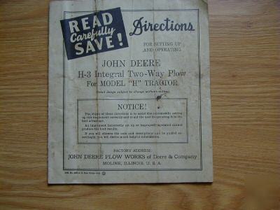 Old john deere model h tractor h-3 plow manual