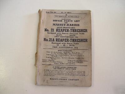 Parts book massey no. 20, 21A reaper thresher (combine)