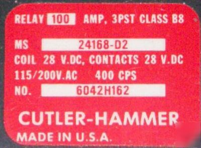 Ch, 3PST, pn 6042H162, 100 amp aircraft relay