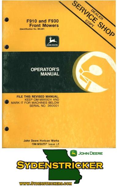John deere F910 & F930 front mowers operators manual