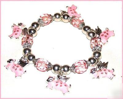 Bracelet flying pink piggies animals charms farm pigs