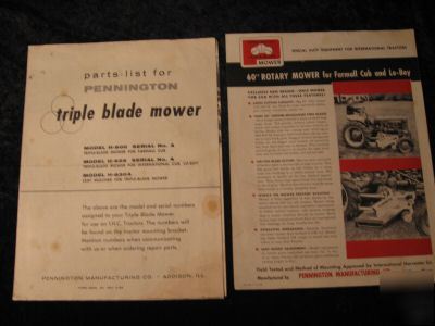 Pennington mower for farmall cub parts list & brochure