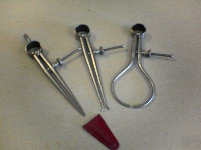 Vintage set of 3 starrett dividers, inside, & outside