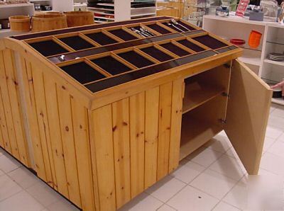 Freestanding wood flatware display rack with storage