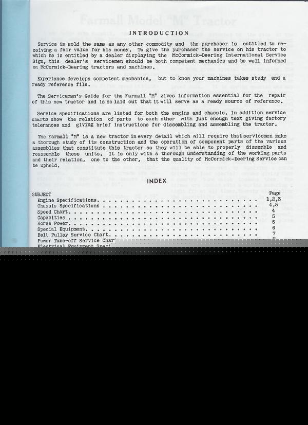 Ih farmall m servicemans guide, operators, manual est