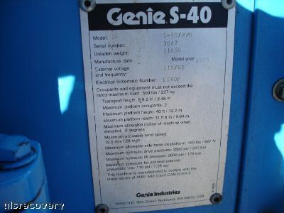 Manlift boomlift genie 40 foot 1999 work ready low hrs