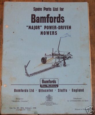 Bamfords farm machinery power mowers parts book 1958